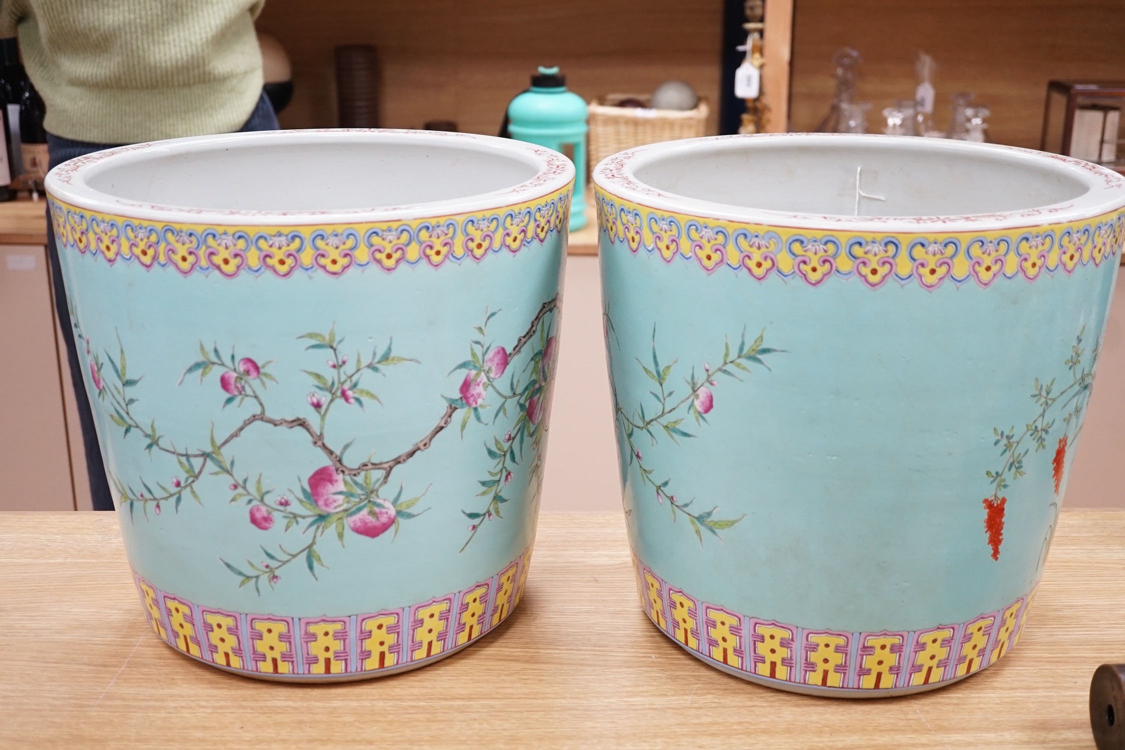 A pair of large Chinese enamelled porcelain planters, 34cm